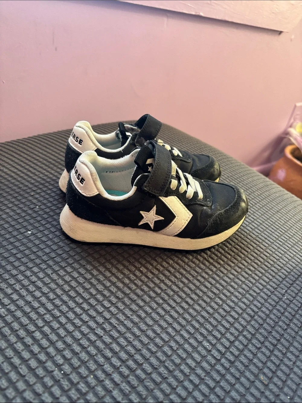 Converse Kids Black and White Sneakers with Hook-and-Loop Strap